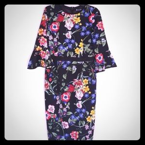 3/4 bell sleeve black floral dress